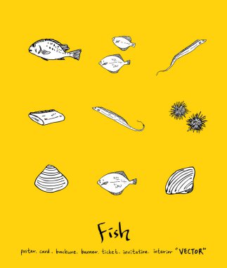El çekilmiş gıda maddeleri - deniz gıda menü resimleri - vektör