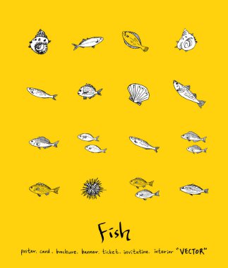 El çekilmiş gıda maddeleri - deniz gıda menü resimleri - vektör