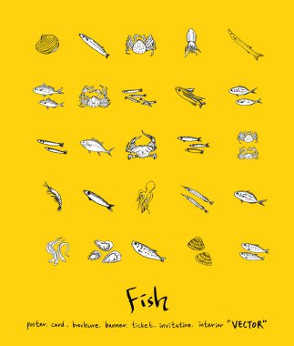 El çekilmiş gıda maddeleri - deniz gıda menü resimleri - vektör