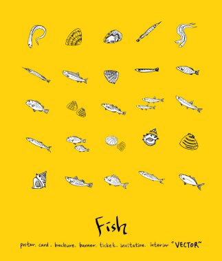 El çekilmiş gıda maddeleri - deniz gıda menü resimleri - vektör