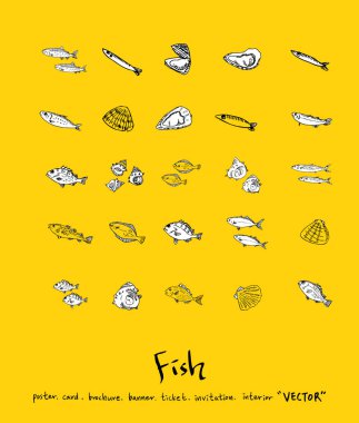 El çekilmiş gıda maddeleri - deniz gıda menü resimleri - vektör