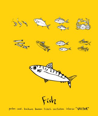 El çekilmiş gıda maddeleri - deniz gıda menü resimleri - vektör