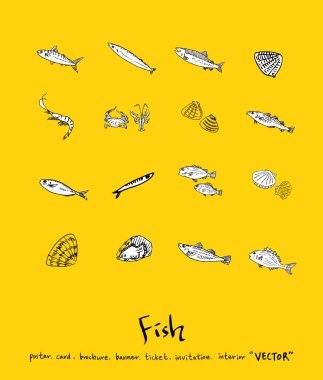 El çekilmiş gıda maddeleri - deniz gıda menü resimleri - vektör