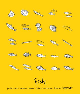 El çekilmiş gıda maddeleri - deniz gıda menü resimleri - vektör