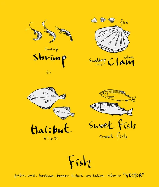 El çekilmiş gıda maddeleri - deniz gıda menü resimleri - vektör