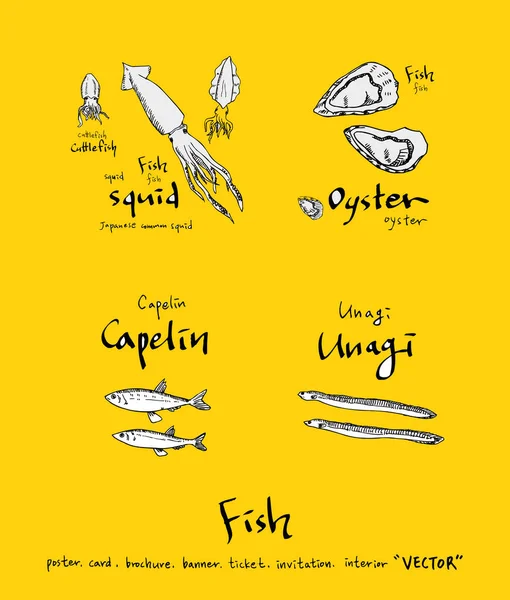 El çekilmiş gıda maddeleri - deniz gıda menü resimleri - vektör