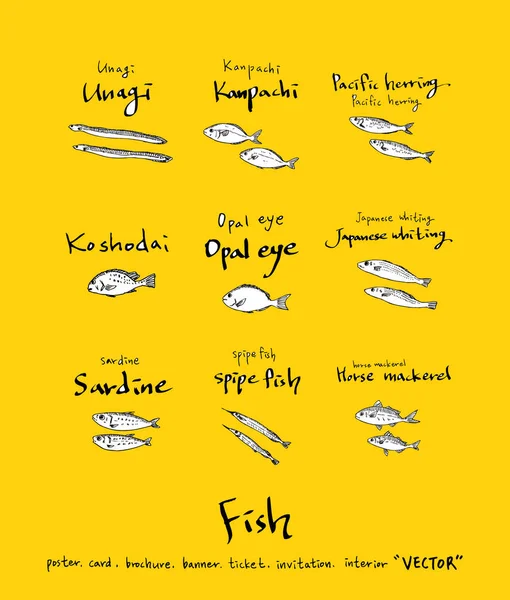 El çekilmiş gıda maddeleri - deniz gıda menü resimleri - vektör