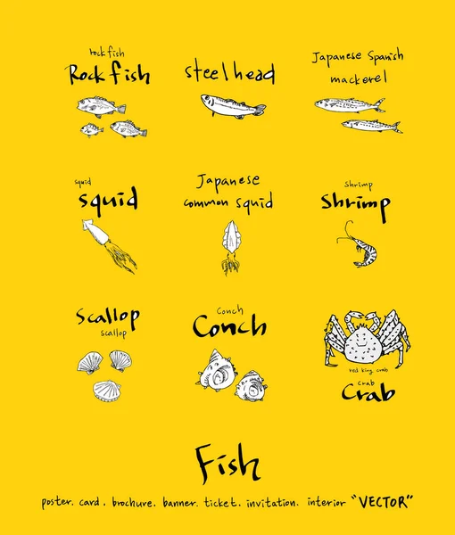 El çekilmiş gıda maddeleri - deniz gıda menü resimleri - vektör