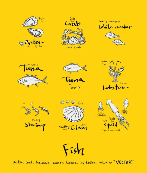 El çekilmiş gıda maddeleri - deniz gıda menü resimleri - vektör