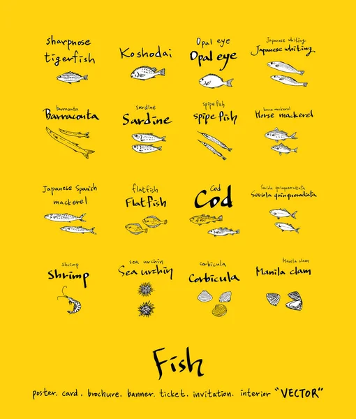 El çekilmiş gıda maddeleri - deniz gıda menü resimleri - vektör