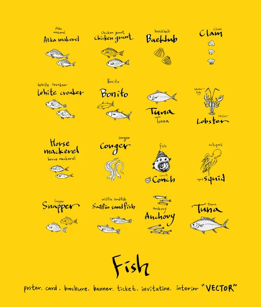 El çekilmiş gıda maddeleri - deniz gıda menü resimleri - vektör