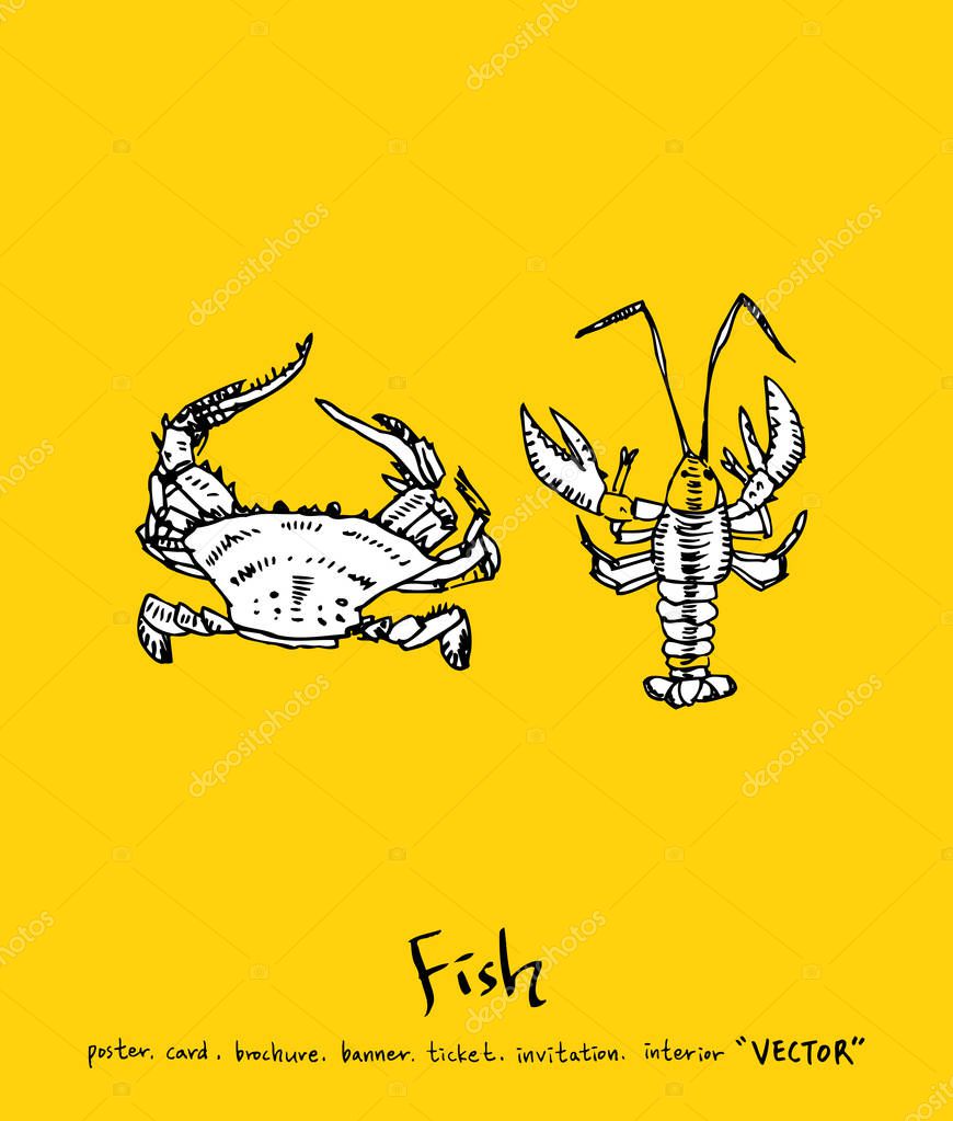 Hand drawn food ingredients - sea food menu illustrations - vector