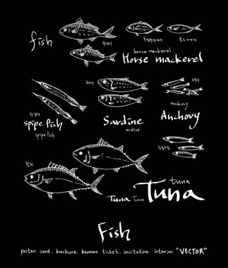 El çekilmiş gıda maddeleri - deniz gıda menü resimleri - vektör