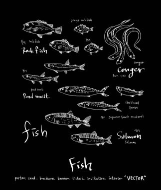 El çekilmiş gıda maddeleri - deniz gıda menü resimleri - vektör