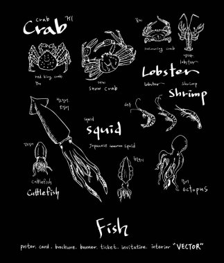 El çekilmiş gıda maddeleri - deniz gıda menü resimleri - vektör