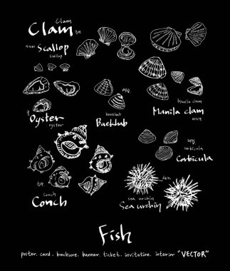 El çekilmiş gıda maddeleri - deniz gıda menü resimleri - vektör
