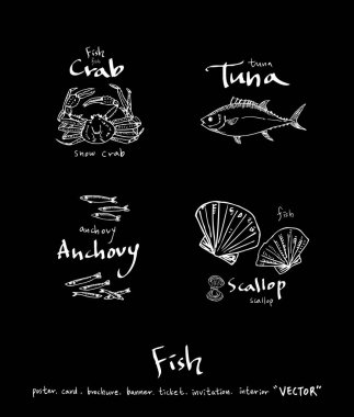 El çekilmiş gıda maddeleri - deniz gıda menü resimleri - vektör