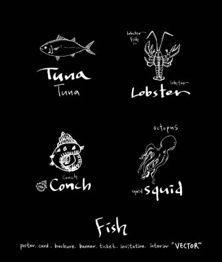 El çekilmiş gıda maddeleri - deniz gıda menü resimleri - vektör