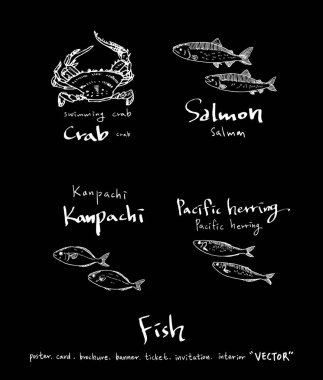 El çekilmiş gıda maddeleri - deniz gıda menü resimleri - vektör