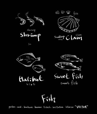 El çekilmiş gıda maddeleri - deniz gıda menü resimleri - vektör