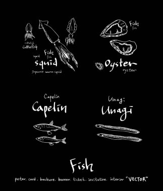 El çekilmiş gıda maddeleri - deniz gıda menü resimleri - vektör