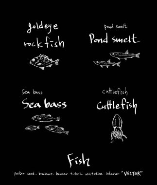 El çekilmiş gıda maddeleri - deniz gıda menü resimleri - vektör