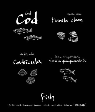 El çekilmiş gıda maddeleri - deniz gıda menü resimleri - vektör