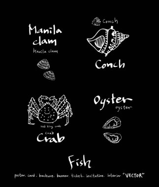 El çekilmiş gıda maddeleri - deniz gıda menü resimleri - vektör