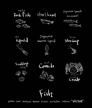 El çekilmiş gıda maddeleri - deniz gıda menü resimleri - vektör