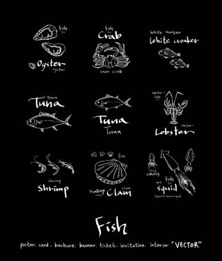 El çekilmiş gıda maddeleri - deniz gıda menü resimleri - vektör