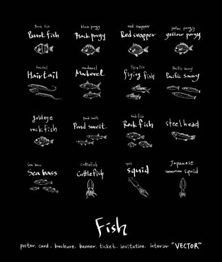 El çekilmiş gıda maddeleri - deniz gıda menü resimleri - vektör