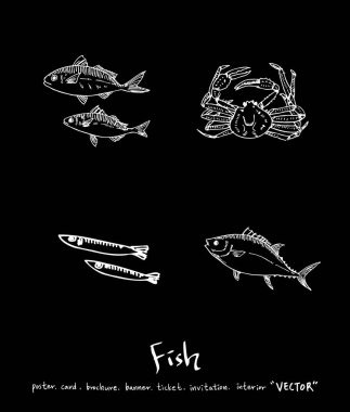 El çekilmiş gıda maddeleri - deniz gıda menü resimleri - vektör