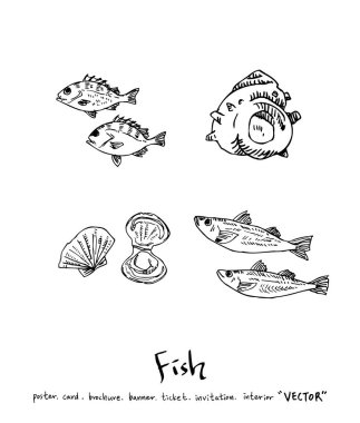 El çekilmiş gıda maddeleri - deniz gıda menü resimleri - vektör