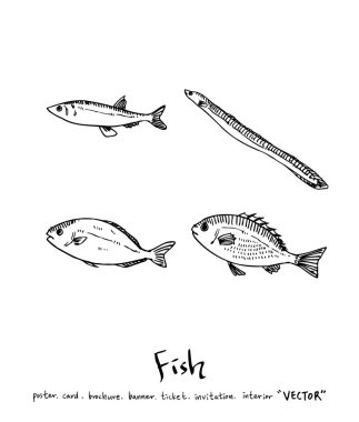 El çekilmiş gıda maddeleri - deniz gıda menü resimleri - vektör