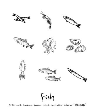 El çekilmiş gıda maddeleri - deniz gıda menü resimleri - vektör