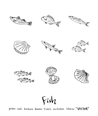 El çekilmiş gıda maddeleri - deniz gıda menü resimleri - vektör