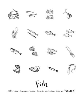 El çekilmiş gıda maddeleri - deniz gıda menü resimleri - vektör