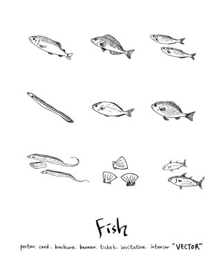 El çekilmiş gıda maddeleri - deniz gıda menü resimleri - vektör