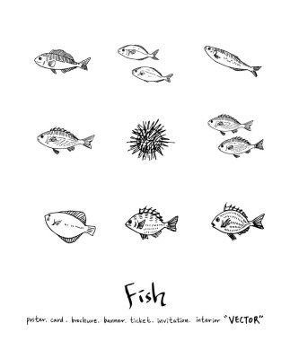 El çekilmiş gıda maddeleri - deniz gıda menü resimleri - vektör