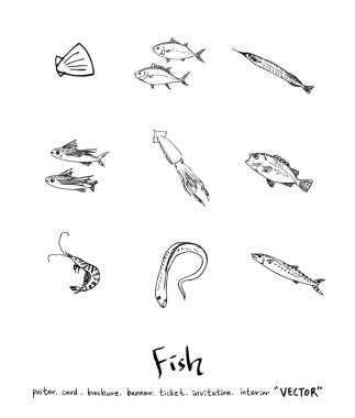 El çekilmiş gıda maddeleri - deniz gıda menü resimleri - vektör