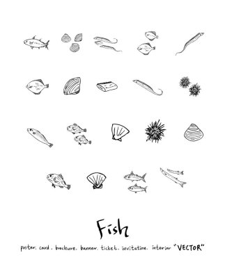 El çekilmiş gıda maddeleri - deniz gıda menü resimleri - vektör