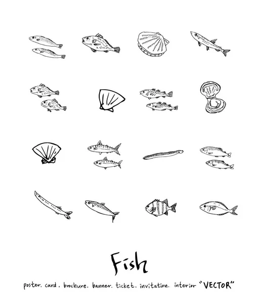 Hand Getekende Voedsel Ingrediënten Zee Voedsel Menu Illustraties Vector — Stockvector