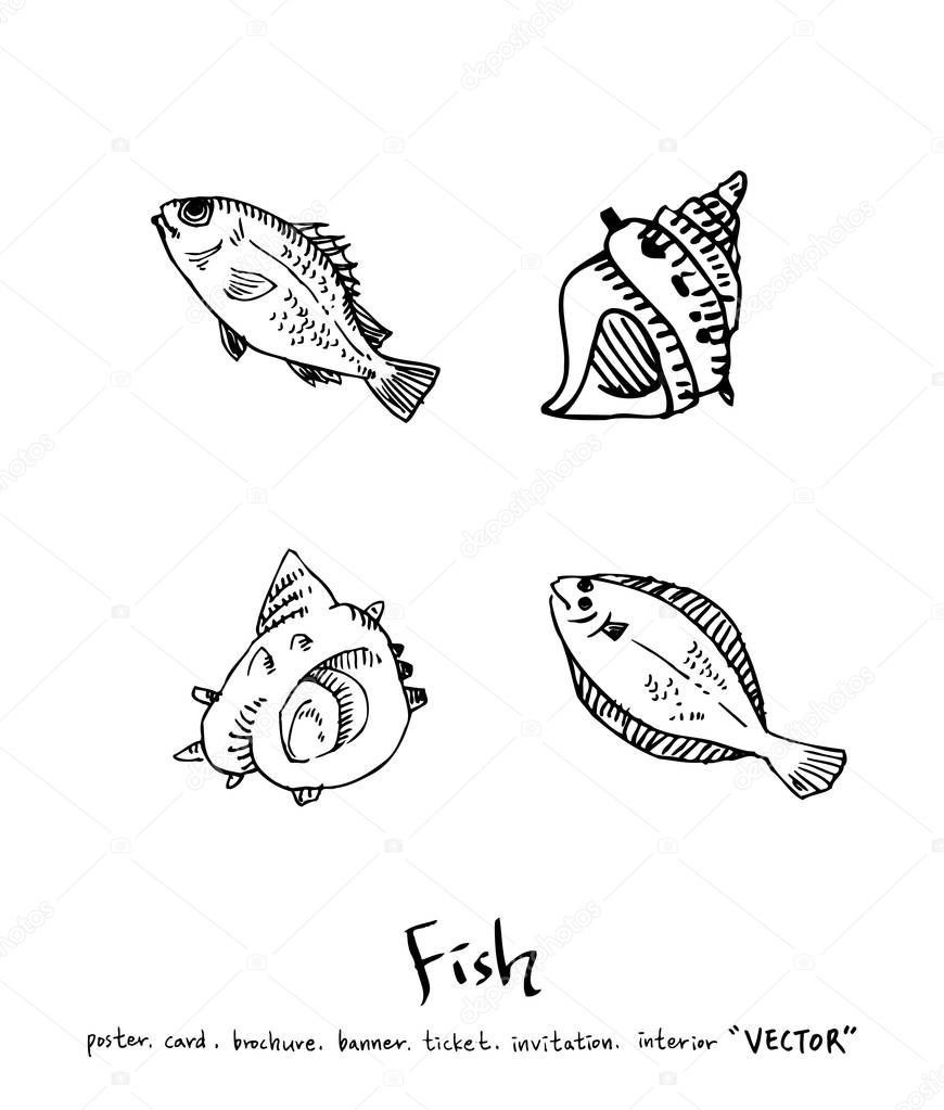 Hand drawn food ingredients - sea food menu illustrations - vector