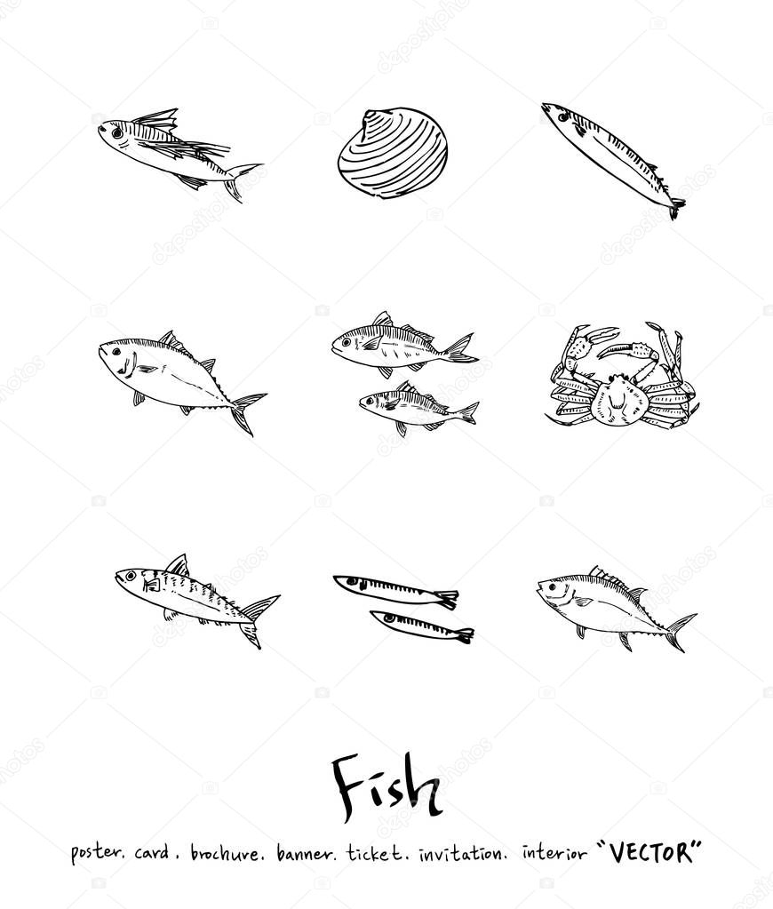 Hand drawn food ingredients - sea food menu illustrations - vector