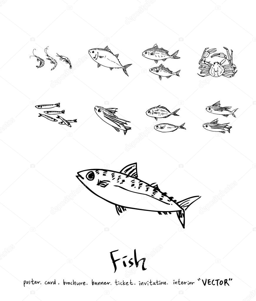 Hand drawn food ingredients - sea food menu illustrations - vector