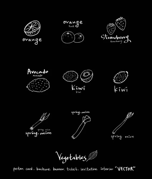 Ilustraciones Verduras Frutas Ingredientes Alimentarios Extraídos Mano Vector — Vector de stock