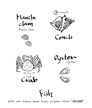 Çizilmiş gıda maddeleri el / deniz gıda resimleri - vektör