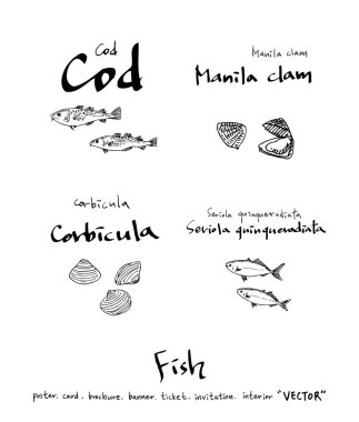 Çizilmiş gıda maddeleri el / deniz gıda resimleri - vektör