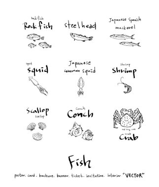 Çizilmiş gıda maddeleri el / deniz gıda resimleri - vektör