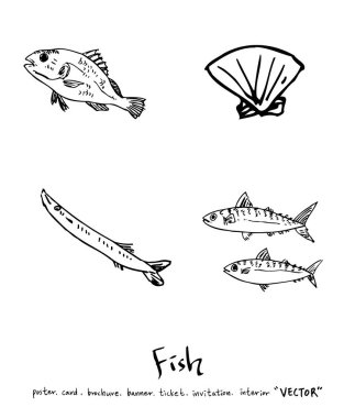 Çizilmiş gıda maddeleri el / deniz gıda resimleri - vektör